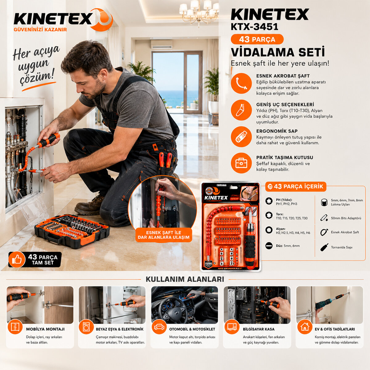 Kinetex KTX-3451 Silikon Saplı Akrobat Uzatmalı Tornavida Bits