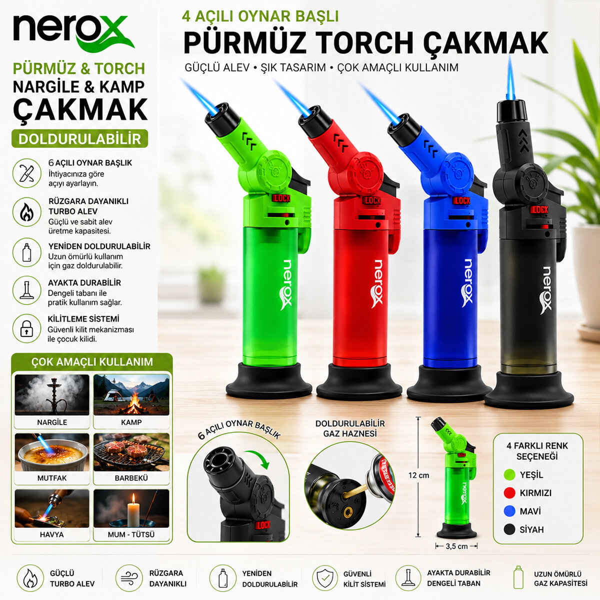 ナキシロドリゲス Nerox NRX-9308 Oynar Başlı Pürmüz Torch Çakmak - Doldurulabilir