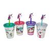 Krd Home-23019 Renkli Kapaklı, Çift Cidarlı, Kaplama Unicorn Desenli, Pipetli Plastik Bardak